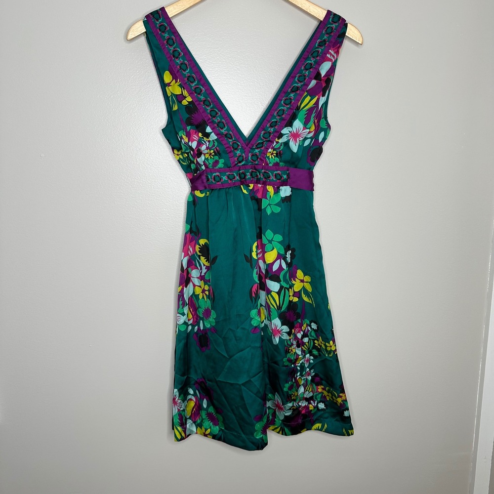 H&M Women's Colorful Floral V Neck Sleeveless A Line Dress Purple Green‎ Size 2